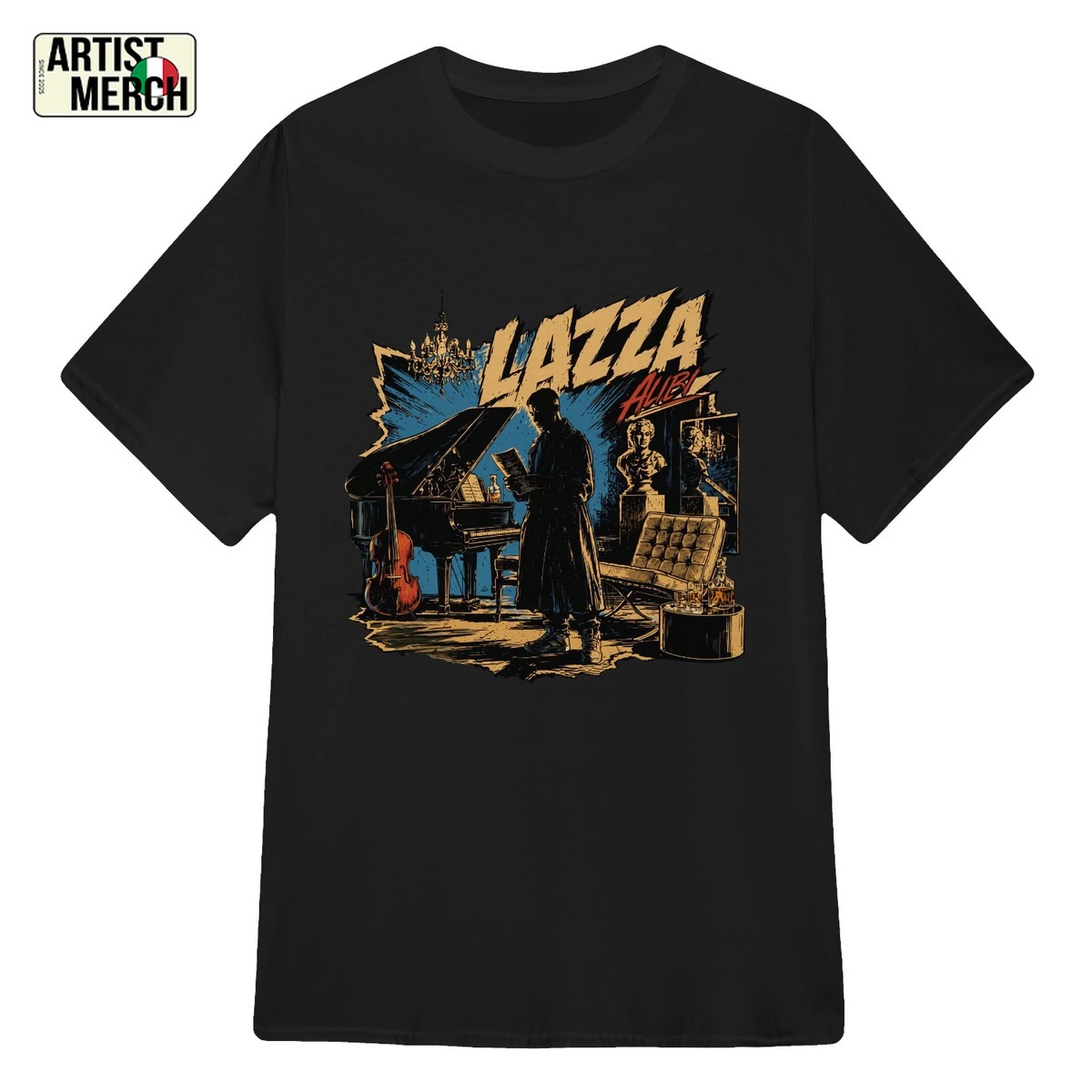 Lazza Merch Maglietta Unisex Alibi Noir Comic Artwork 1 Lazza Merch Maglietta Unisex Alibi Noir Comic Artwork