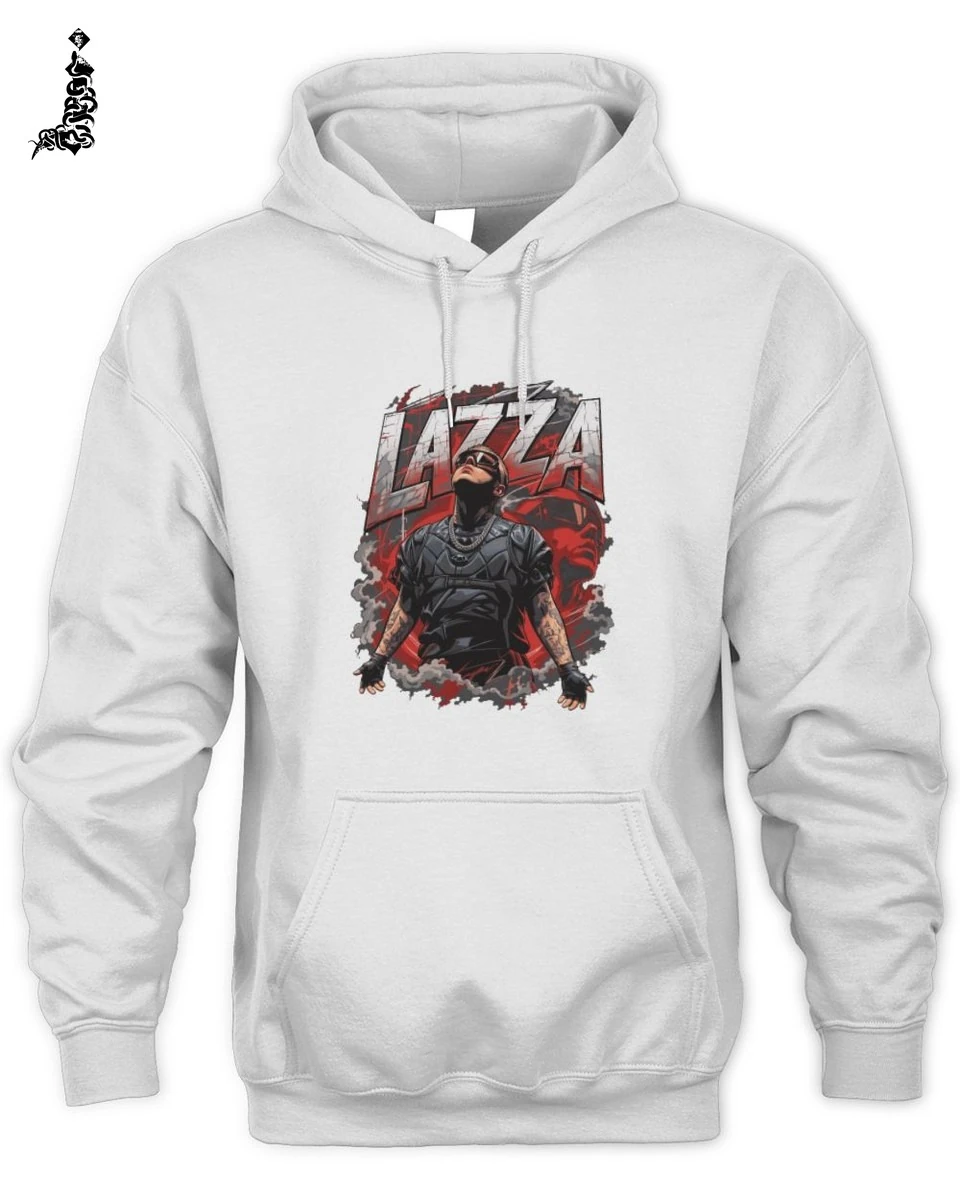 Lazza Merch T-Shirt Unisex Bianca in Puro Cotone con Grafica Noir Urbana 2 Lazza Rap Merch