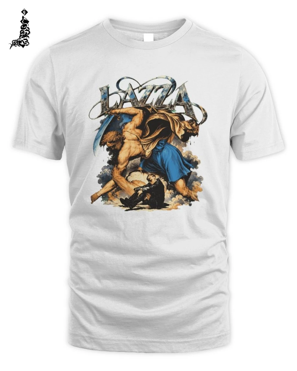 T-Shirt Lazza Merch Unisex in Cotone con Grafica Mitologica e Spada 1 Lazza Rap Merch
