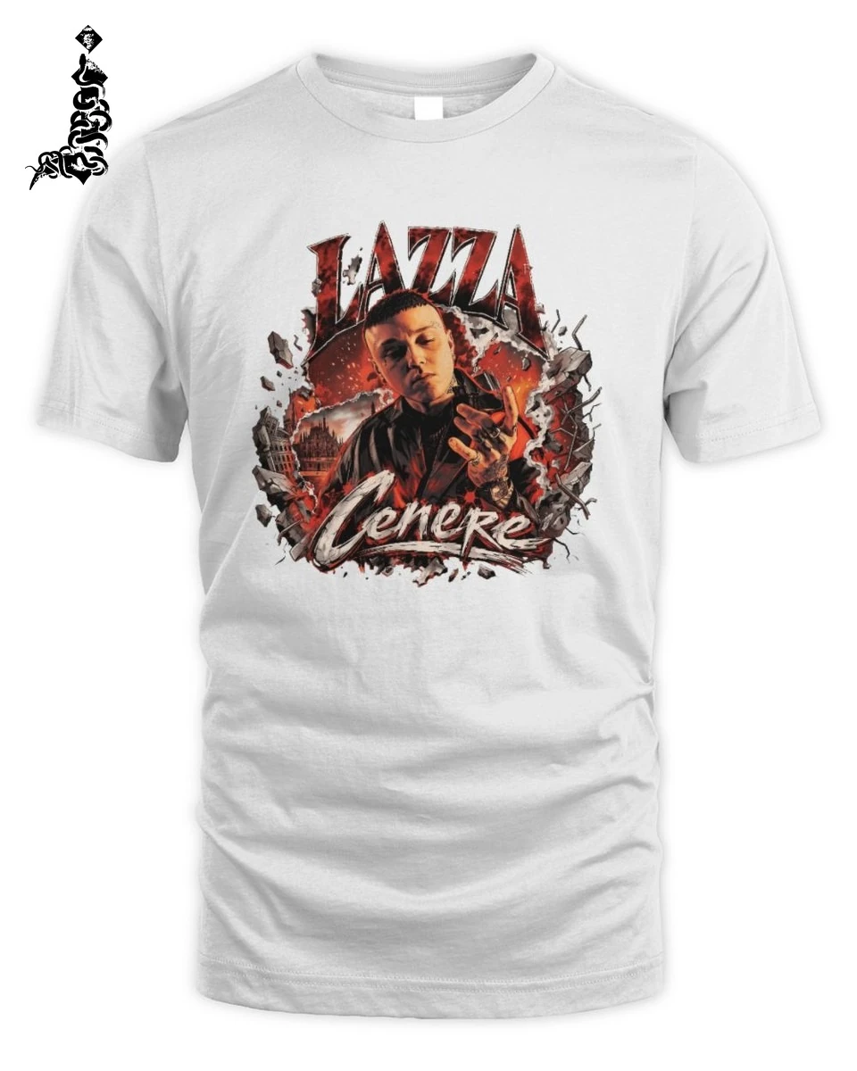 Maglietta Lazza Cenere Unisex T-Shirt in Puro Cotone Bianco 1 Abbigliamento fan Lazza Cenere fiamme